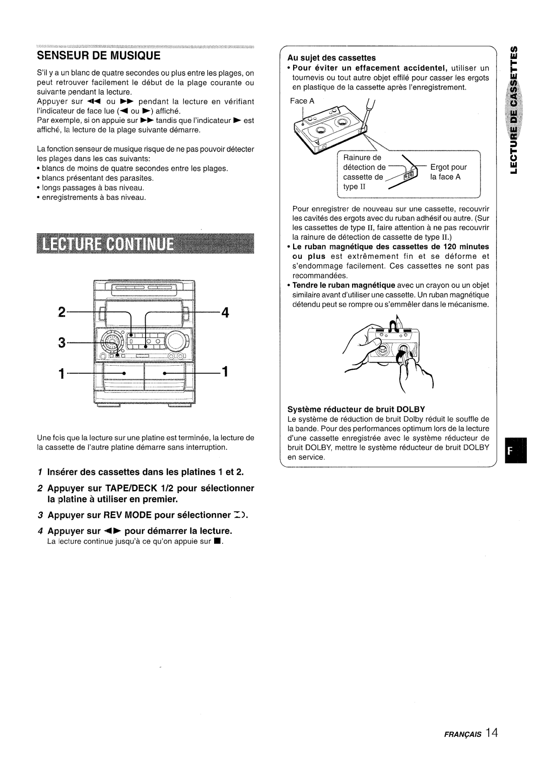 Aiwa NSX-A909 manual lnwjrer des cassettes clans Ies platines 1 et, Appuyer sur REV MODE pour selectionner, Fraiv&A/S 