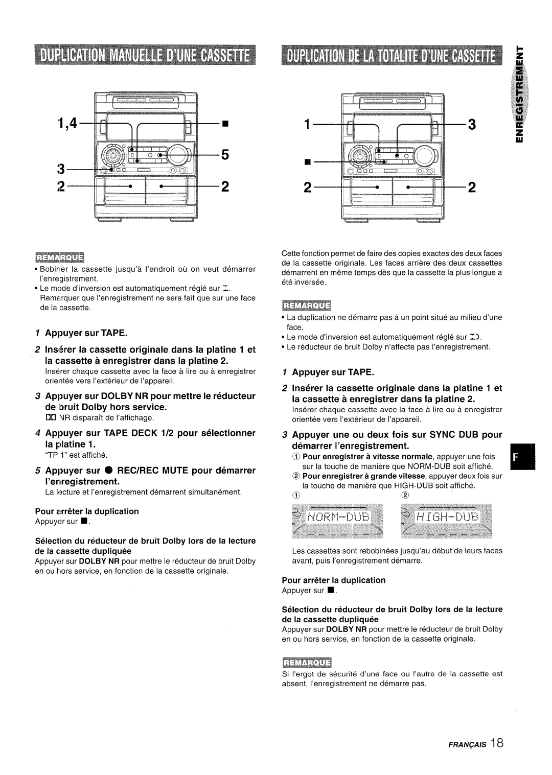 Aiwa NSX-A909 manual Appuyer sur TAPE DECK 1/2 pour selectionner la platine, de la cassette dupliquee, Fraiv~A/S 