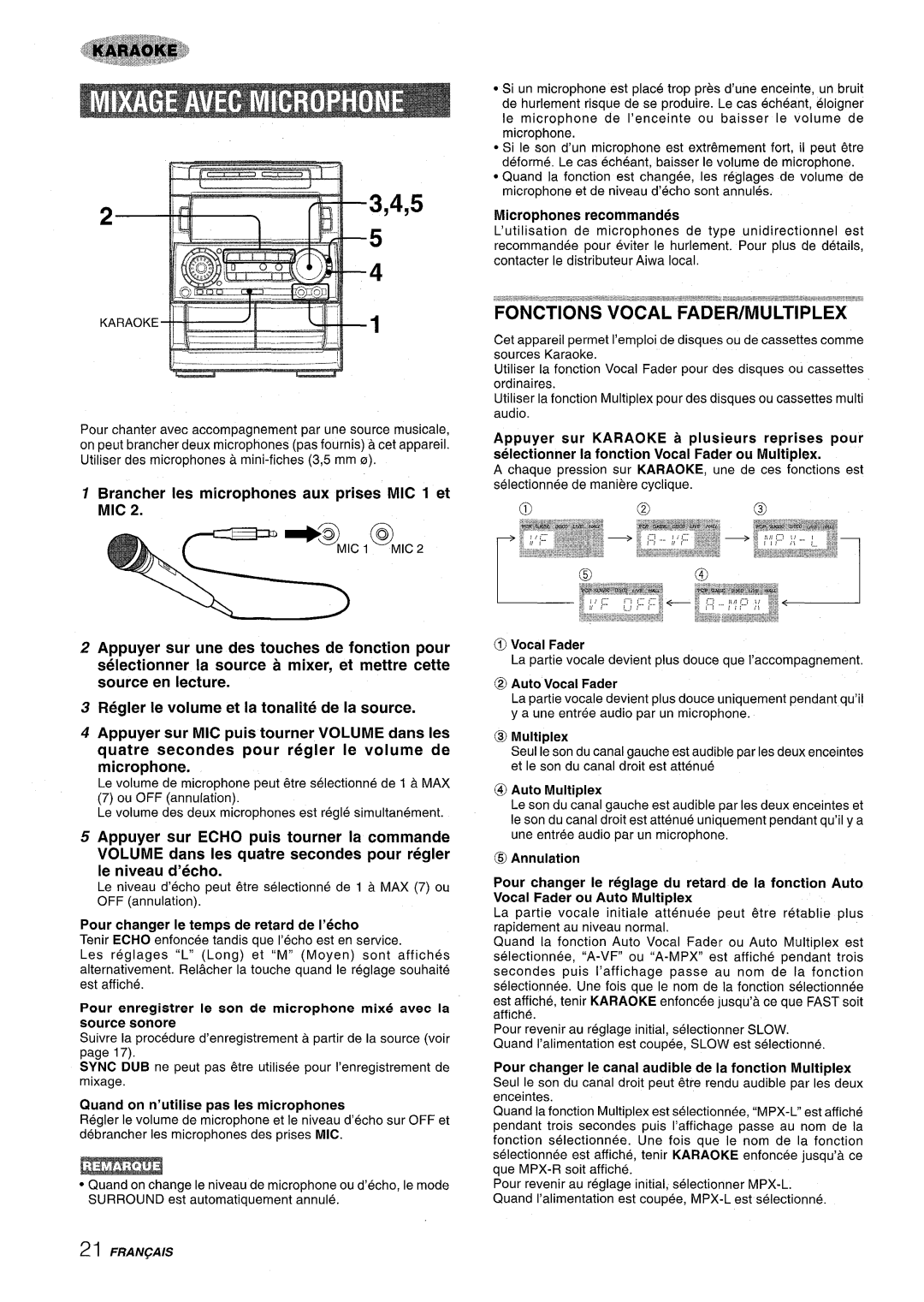 Aiwa NSX-A909 manual 3,4,5, Brancher les microphones aux prises MIC 1 et MIC, Regler Ie volume et la tonalite de la source 