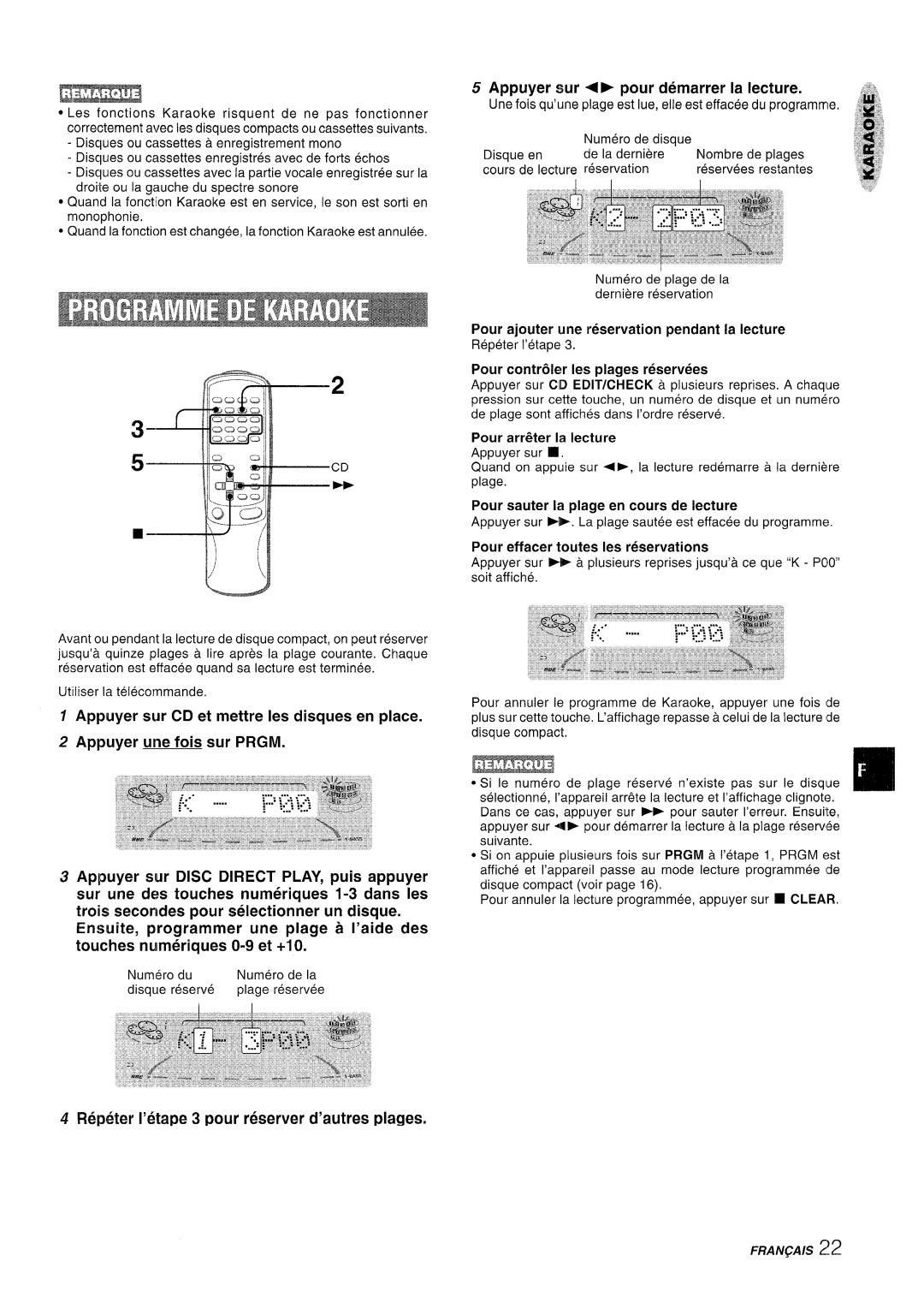 Aiwa NSX-A909 manual 5-CD, f Appuyer sur CD et mettre Ies disques en place, Appuyer une fois sur PRGM, ‘,,b 