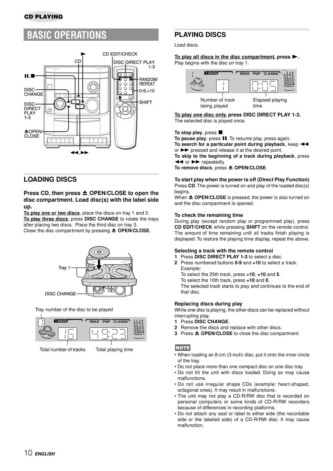 Aiwa NSX-AJ14 operating instructions Loading Discs, Playing Discs 