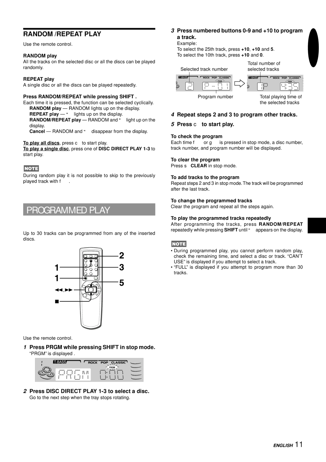 Aiwa NSX-AJ14 operating instructions Programmed Play, Random /REPEAT Play, Playing 