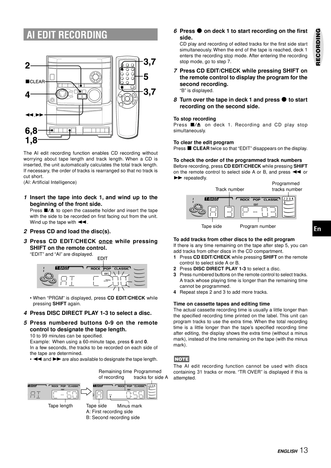 Aiwa NSX-AJ14 AI Edit Recording, Press w on deck 1 to start recording on the first Side, Second recording 