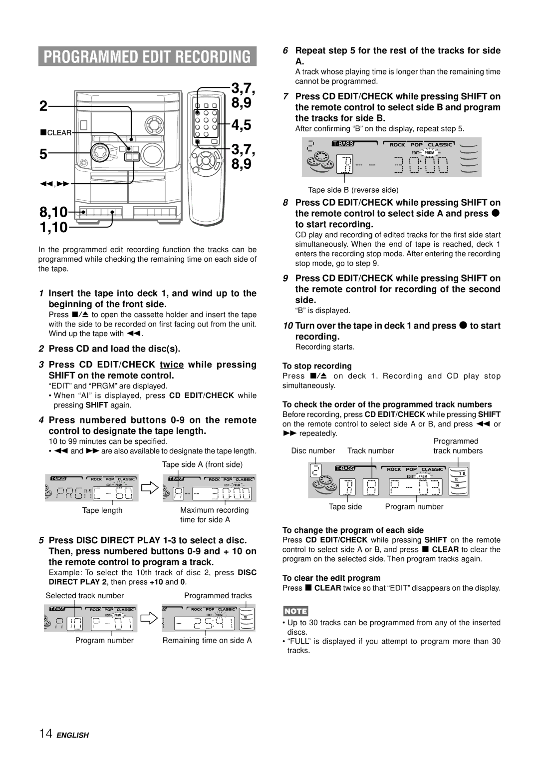 Aiwa NSX-AJ14 Repeat for the rest of the tracks for side, Turn over the tape in deck 1 and press wto start Recording 