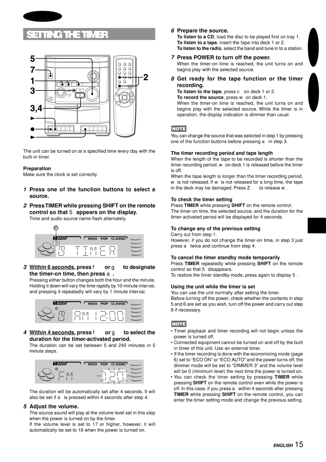 Aiwa NSX-AJ14 operating instructions Setting the Timer, Timer Recording 