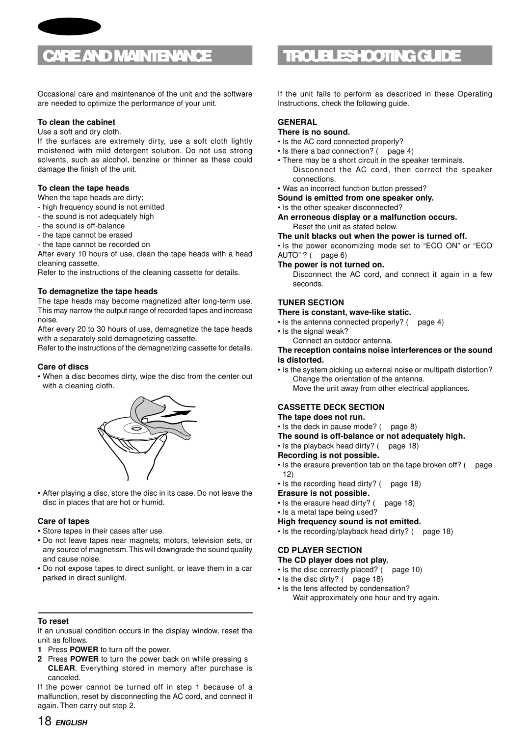 Aiwa NSX-AJ14 operating instructions Care and Maintenance, General, Tuner Section, Cassette Deck Section, CD Player Section 