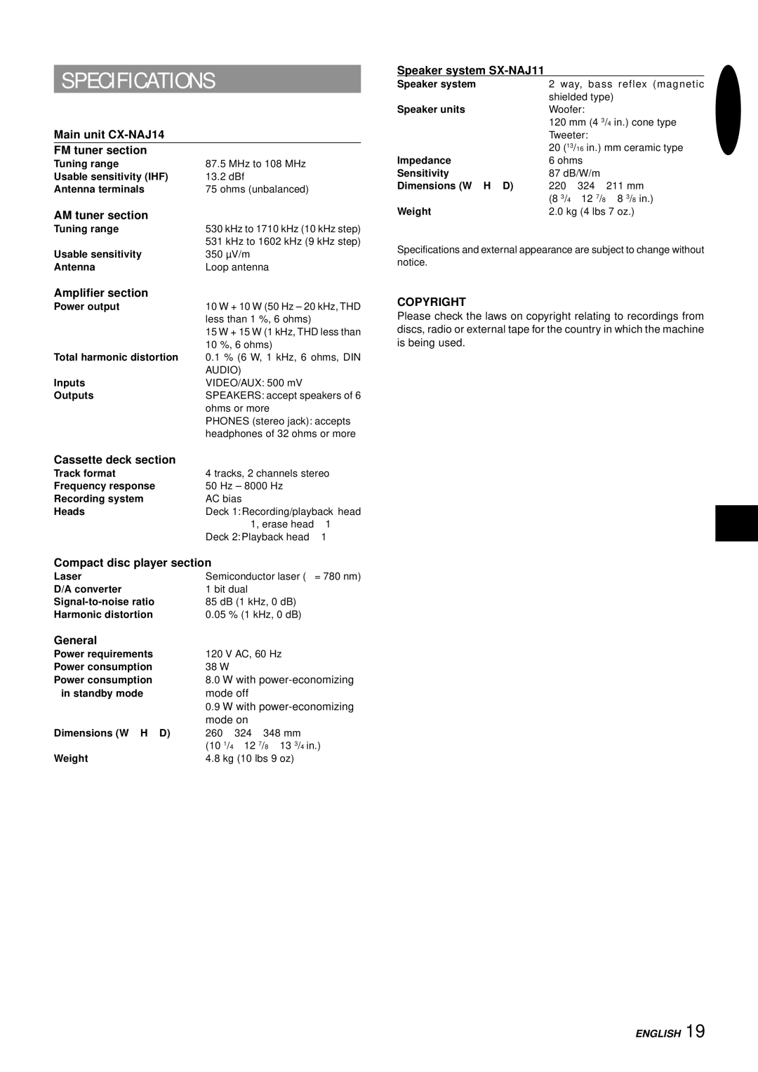 Aiwa NSX-AJ14 operating instructions Specifications, Copyright 