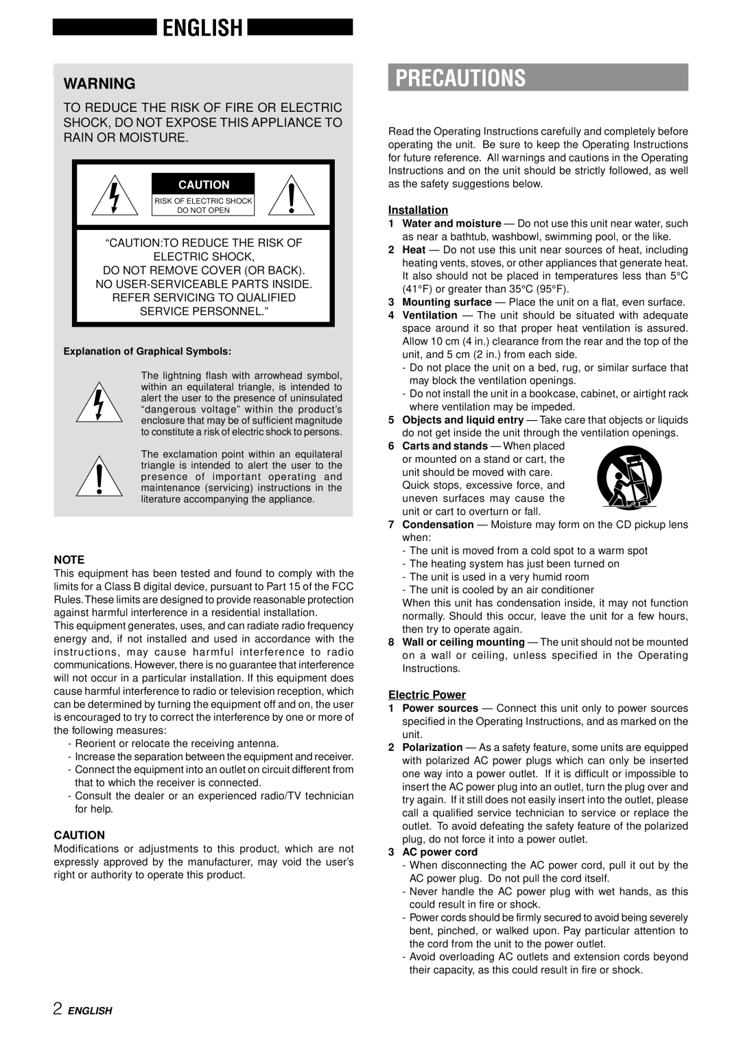 Aiwa NSX-AJ14 operating instructions Precautions, Installation, Electric Power 