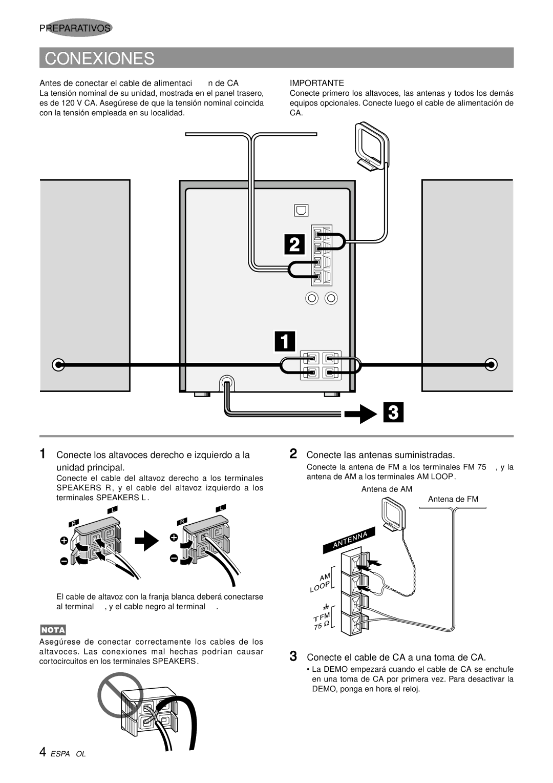 Aiwa NSX-AJ14 Conexiones, 2Conecte las antenas suministradas, Conecte el cable de CA a una toma de CA, Importante 