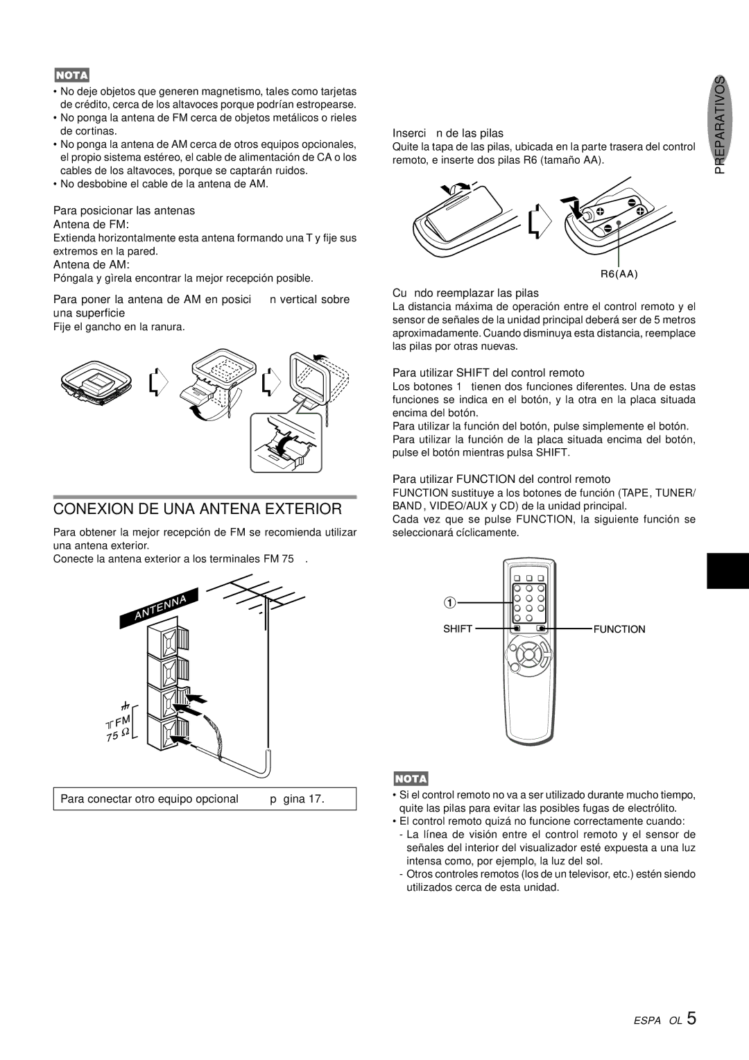 Aiwa NSX-AJ14 operating instructions Control Remoto, Conexion DE UNA Antena Exterior, Preparativos 