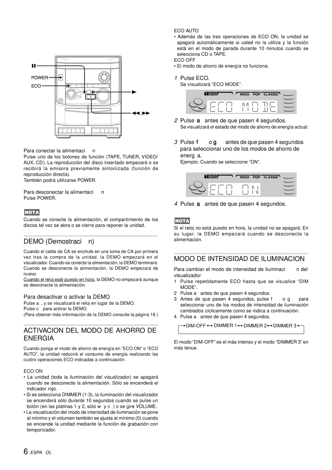 Aiwa NSX-AJ14 Antes DE LA Operacion, Activacion DEL Modo DE Ahorro DE Energia, Modo DE Intensidad DE Iluminacion 