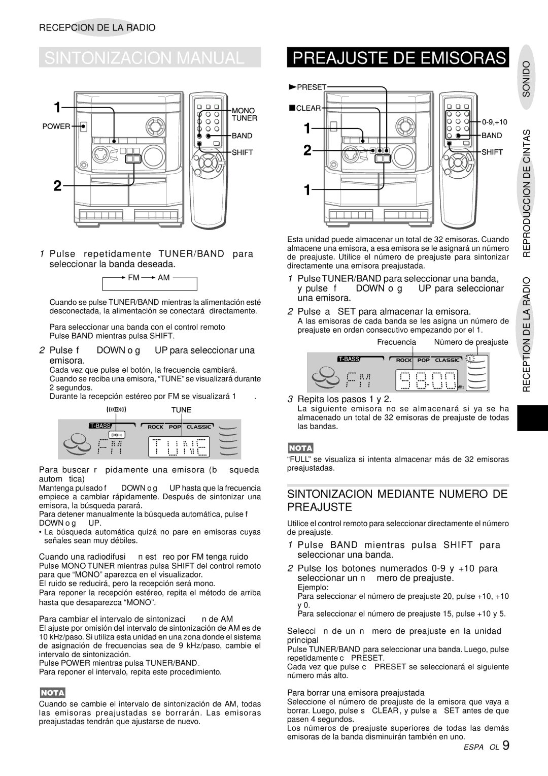 Aiwa NSX-AJ14 Sintonizacion Manual, Preajuste DE Emisoras, Sintonizacion Mediante Numero DE Preajuste 