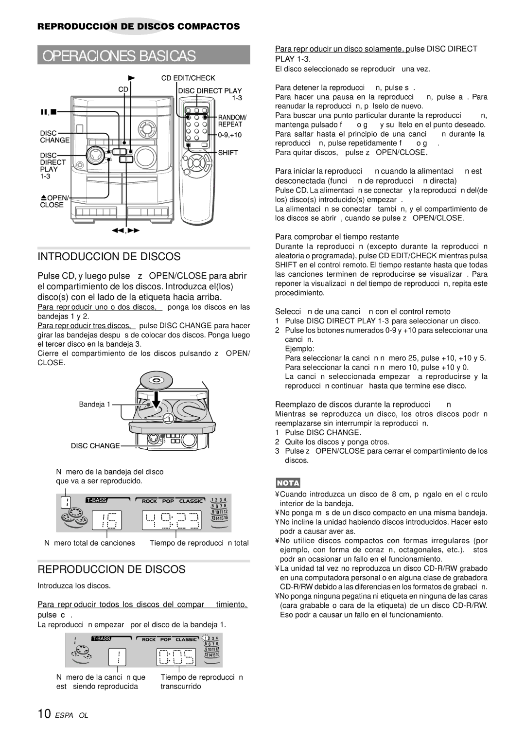 Aiwa NSX-AJ14 operating instructions Introduccion DE Discos, Reproduccion DE Discos 