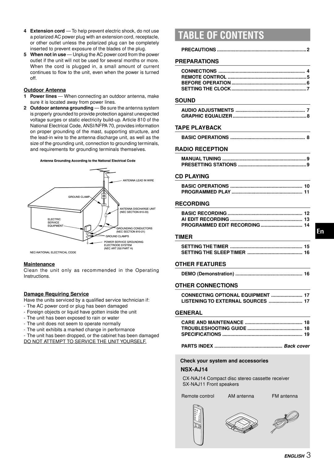 Aiwa NSX-AJ14 operating instructions Table of Contents 