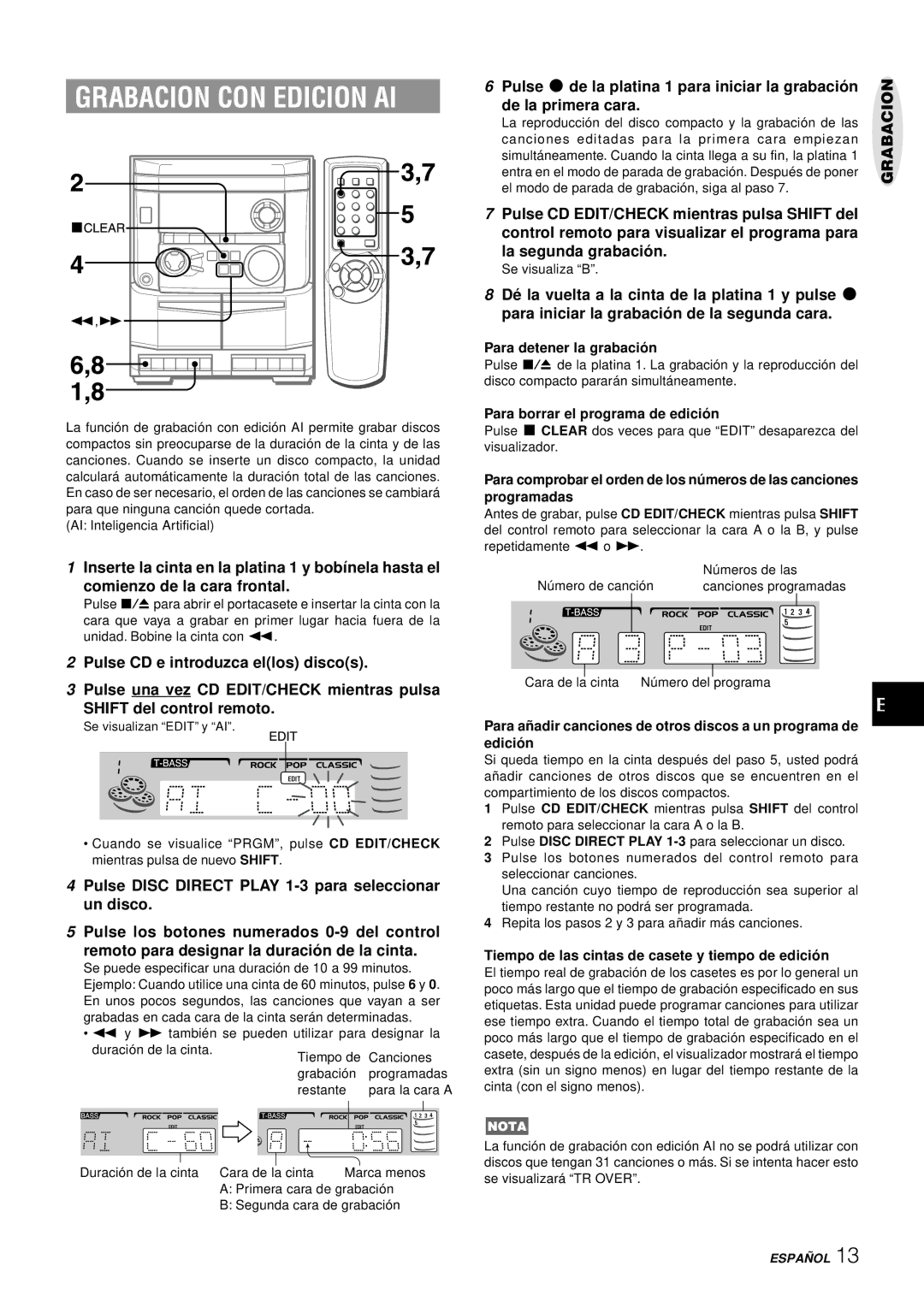 Aiwa NSX-AJ14 Grabacion CON Edicion AI, Pulse w de la platina 1 para iniciar la grabació n, De la primera cara 