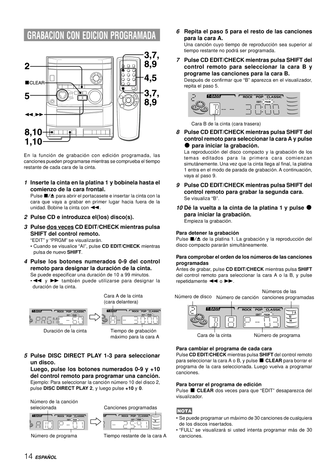 Aiwa NSX-AJ14 operating instructions Para iniciar la grabació n, Para cambiar el programa de cada cara 