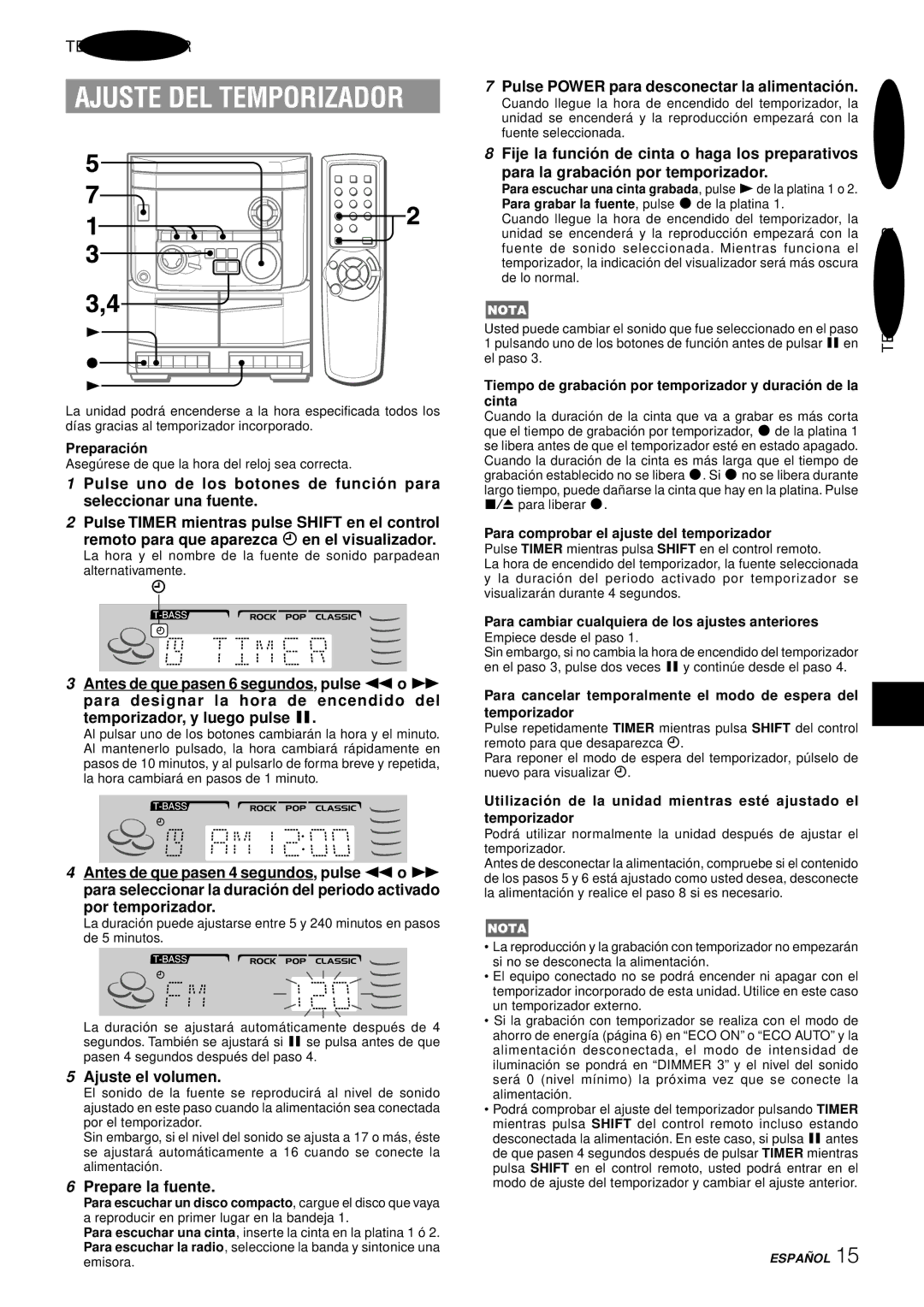 Aiwa NSX-AJ14 Ajuste DEL Temporizador, Ajuste el volumen, Prepare la fuente, Pulse Power para desconectar la alimentació n 