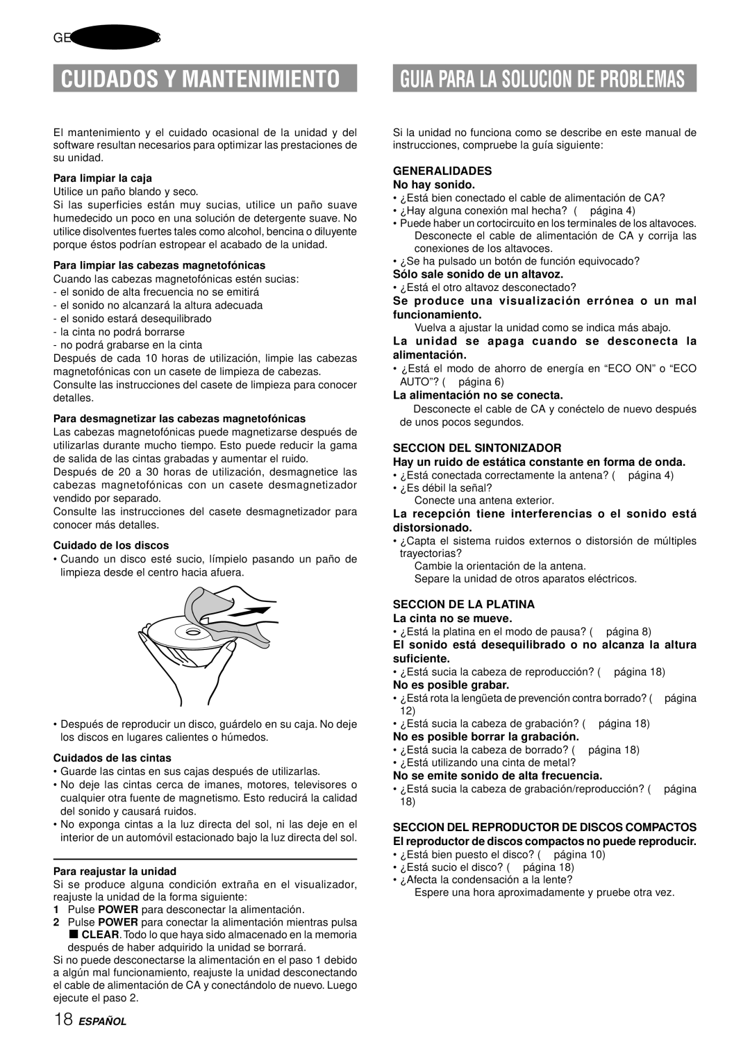 Aiwa NSX-AJ14 Cuidados Y Mantenimiento, Generalidades, Seccion DEL Sintonizador, Seccion DE LA Platina 