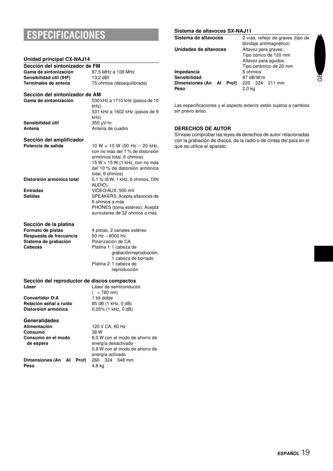 Aiwa NSX-AJ14 operating instructions Especificaciones, Derechos DE Autor 