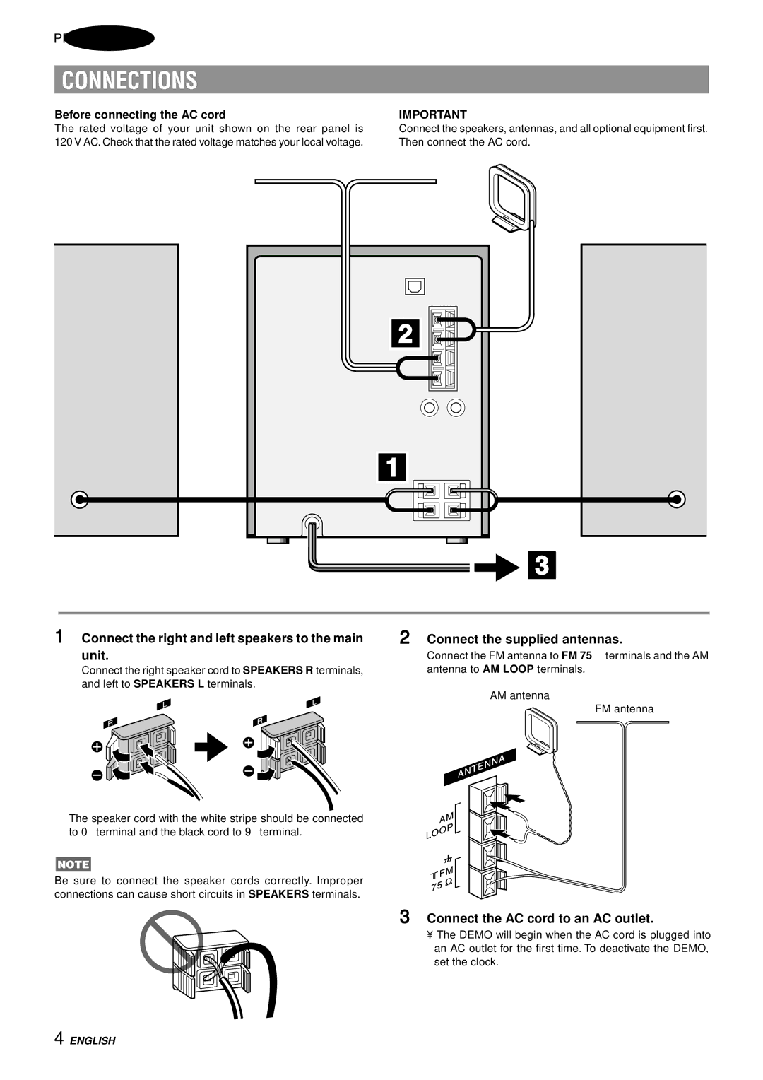 Aiwa NSX-AJ14 Connections, Connect the right and left speakers to the main unit, Connect the supplied antennas 