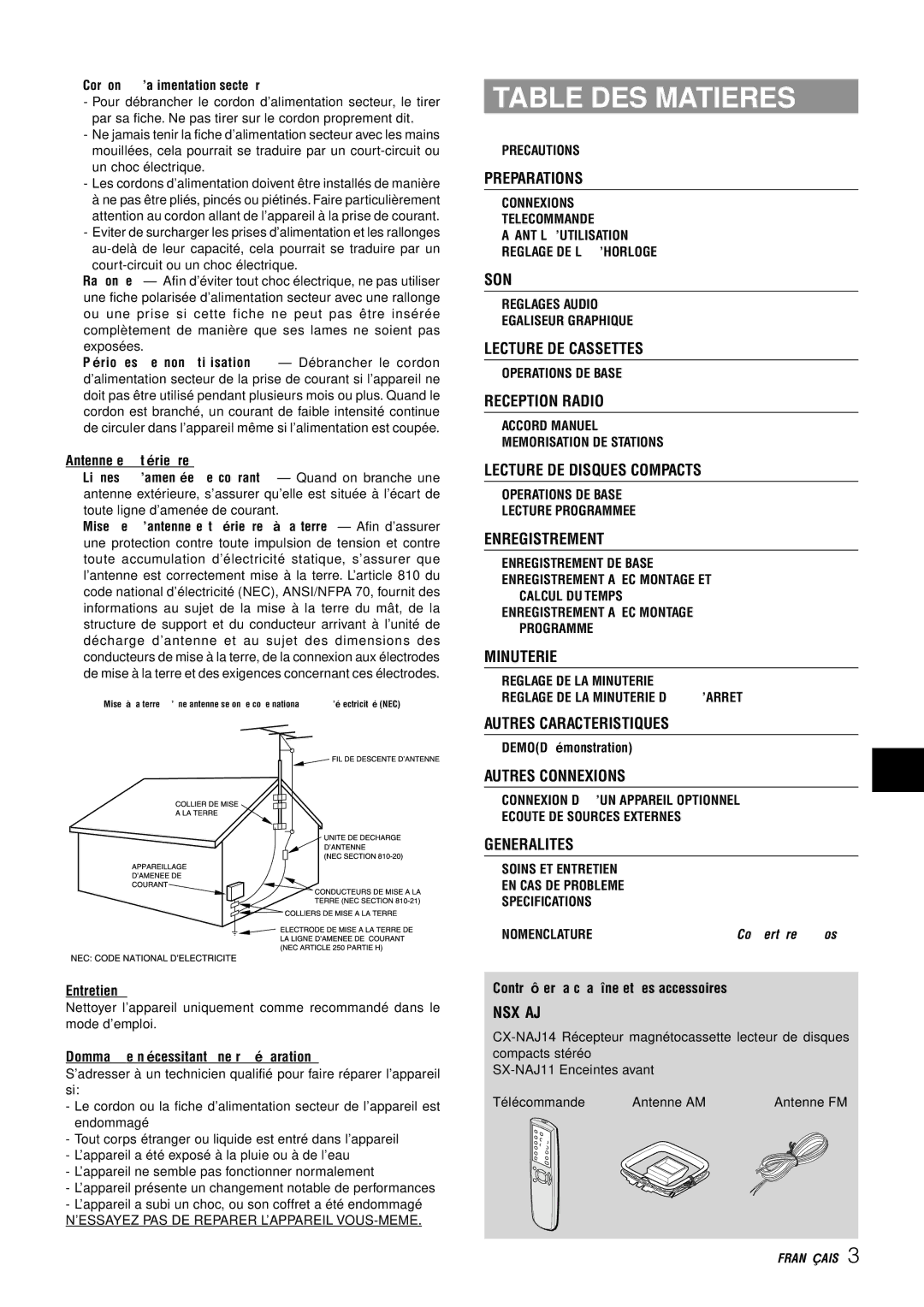 Aiwa NSX-AJ14 operating instructions Table DES Matieres 