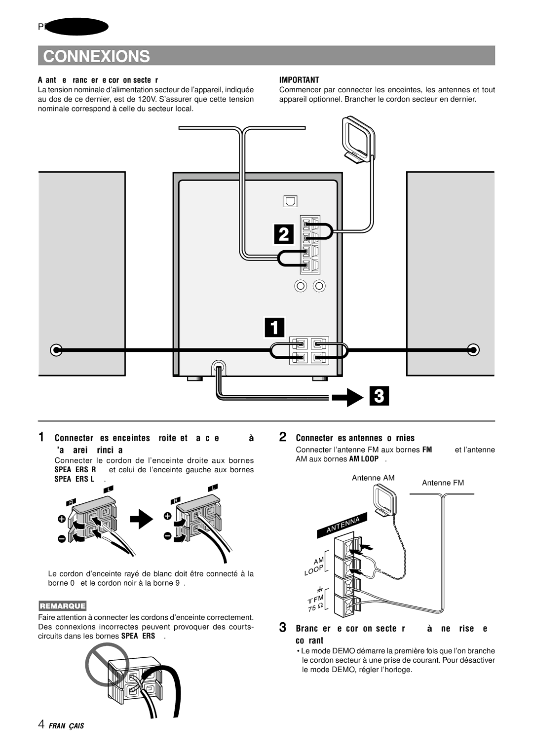 Aiwa NSX-AJ14 Connexions, Connecter les antennes fournies, Brancher le cordon secteur à une prise de courant 