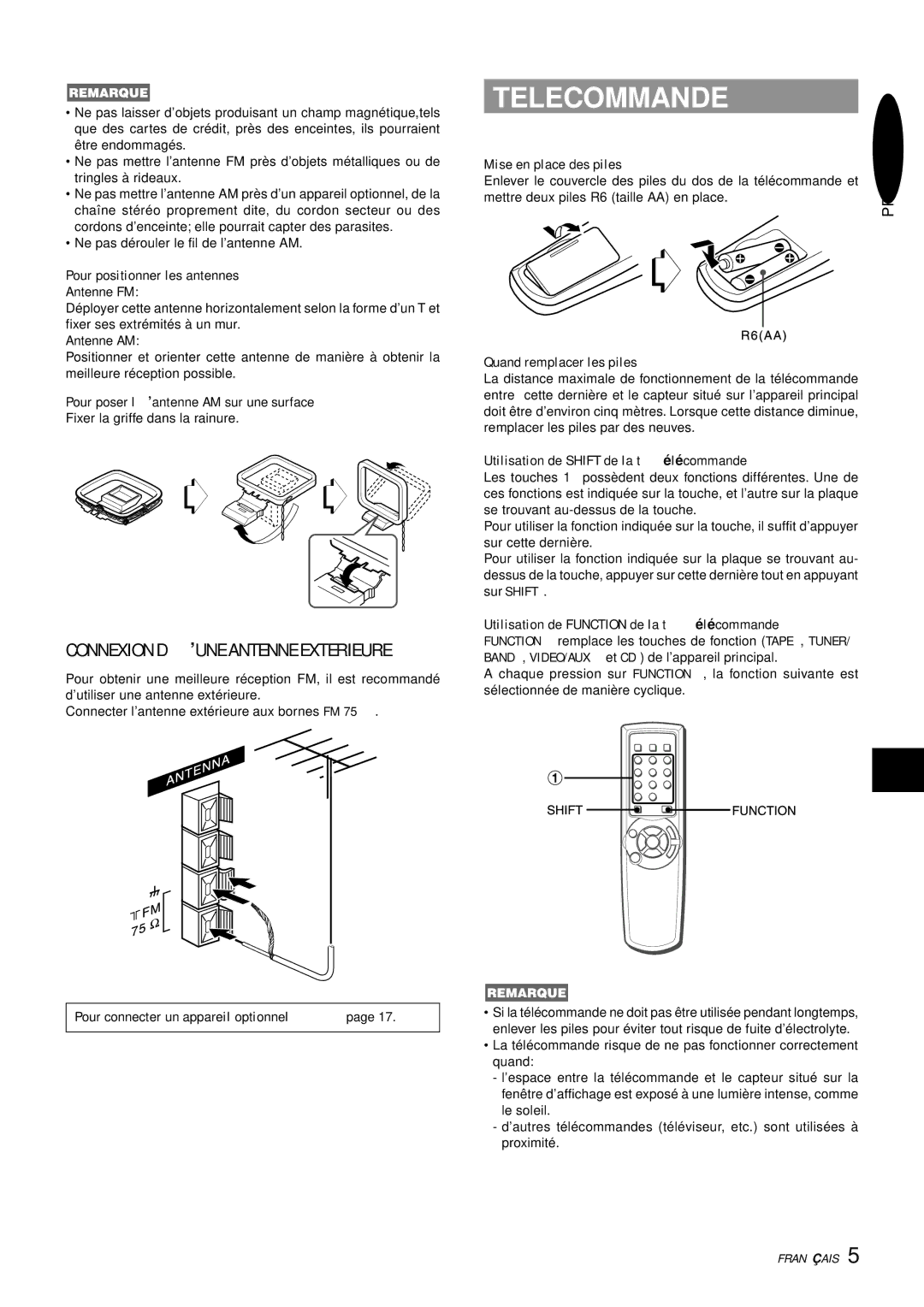 Aiwa NSX-AJ14 operating instructions Telecommande, Connexion D’UNE Antenne Exterieure 