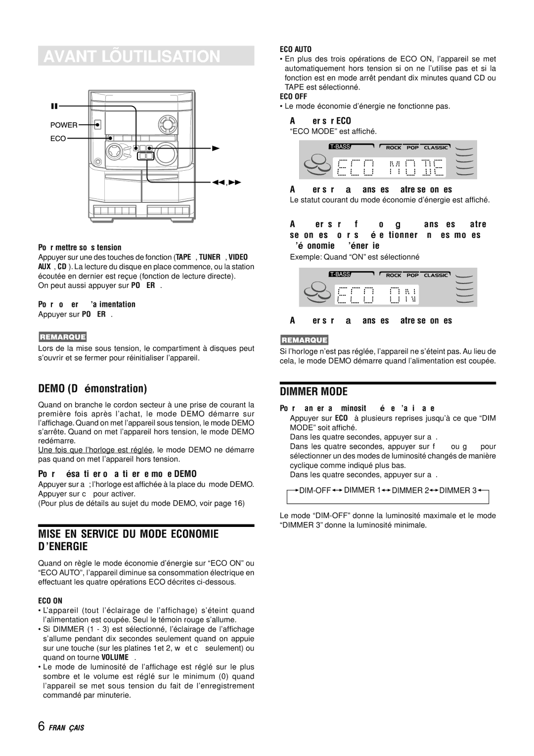 Aiwa NSX-AJ14 operating instructions Avant L’UTILISATION, Mise EN Service DU Mode Economie D’ENERGIE, Appuyer sur ECO 