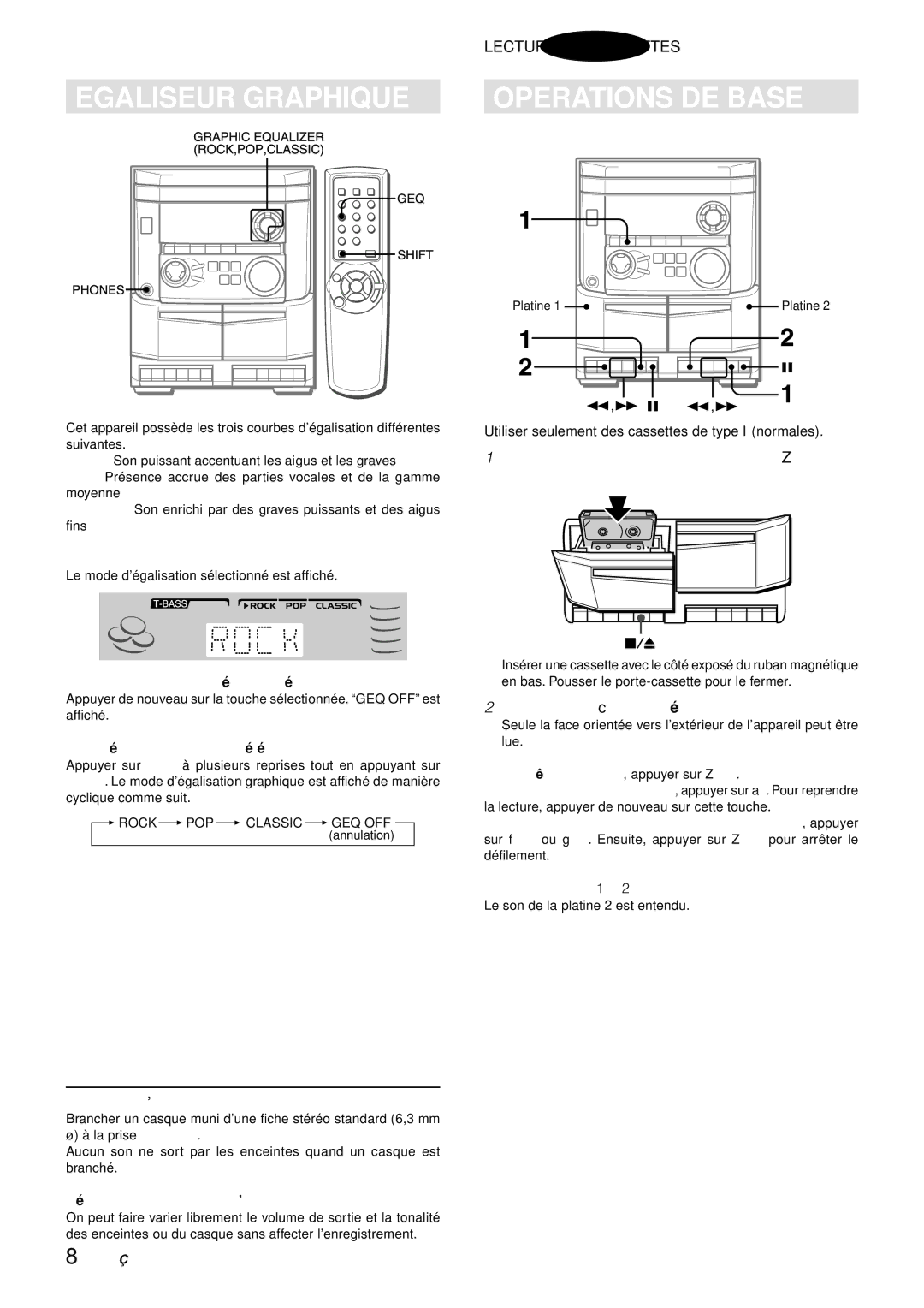 Aiwa NSX-AJ14 operating instructions Egaliseur Graphique Operations DE Base, Appuyer sur c pour dé marrer la lecture 