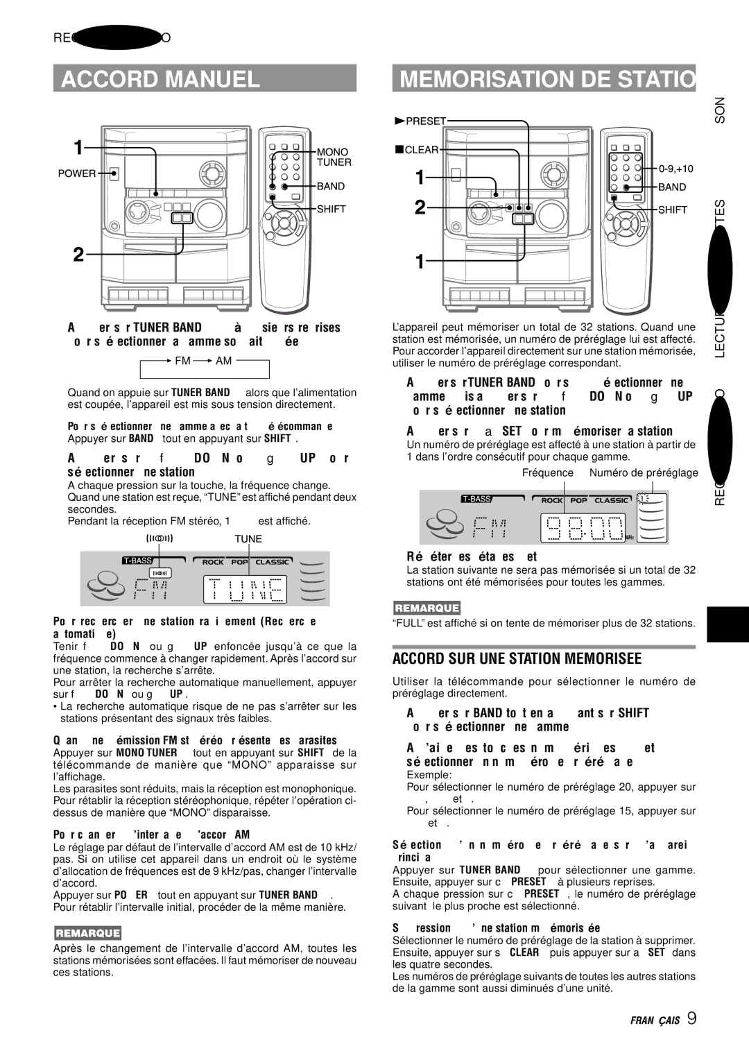 Aiwa NSX-AJ14 Accord Manuel, Memorisation DE Stations, Accord SUR UNE Station Memorisee, SON Decassettes 