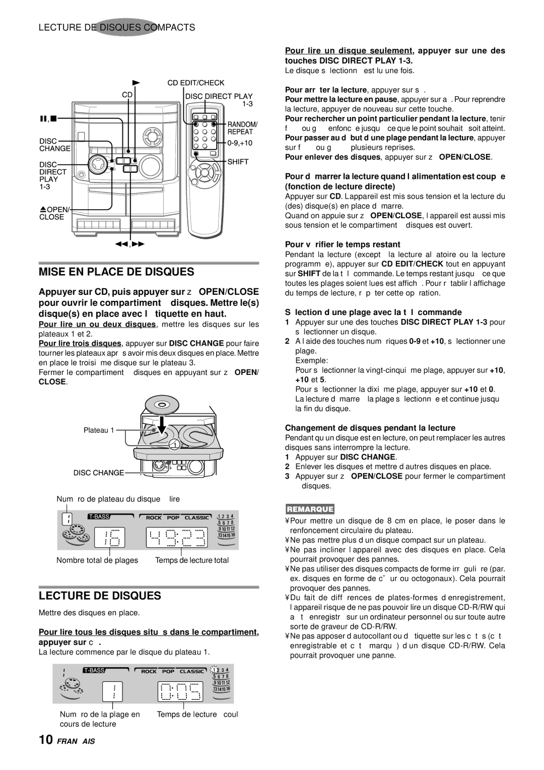 Aiwa NSX-AJ14 operating instructions Mise EN Place DE Disques, Lecture DE Disques, Pour vé rifier le temps restant 