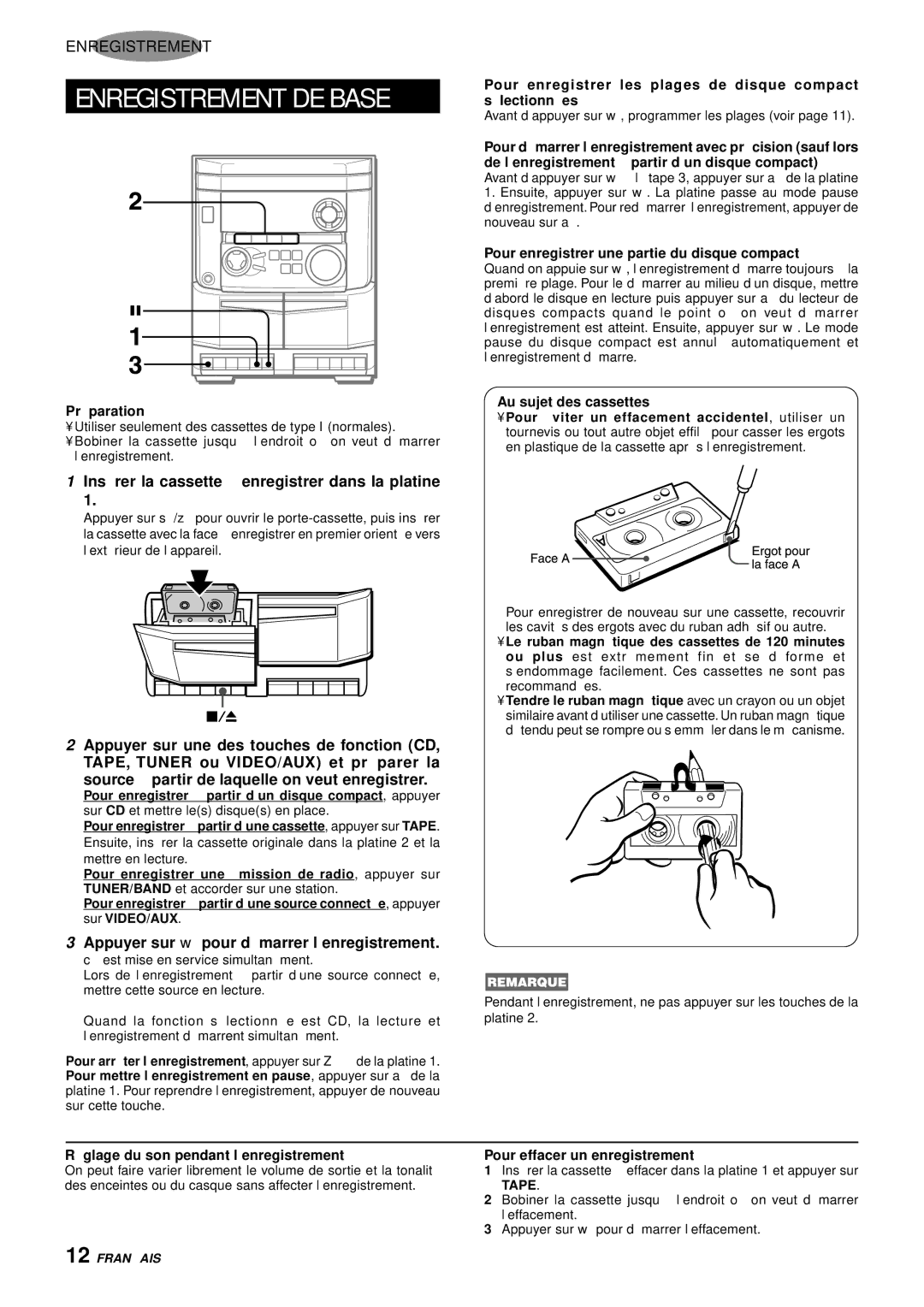 Aiwa NSX-AJ14 operating instructions Enregistrement DE Base, Insé rer la cassette à enregistrer dans la platine 