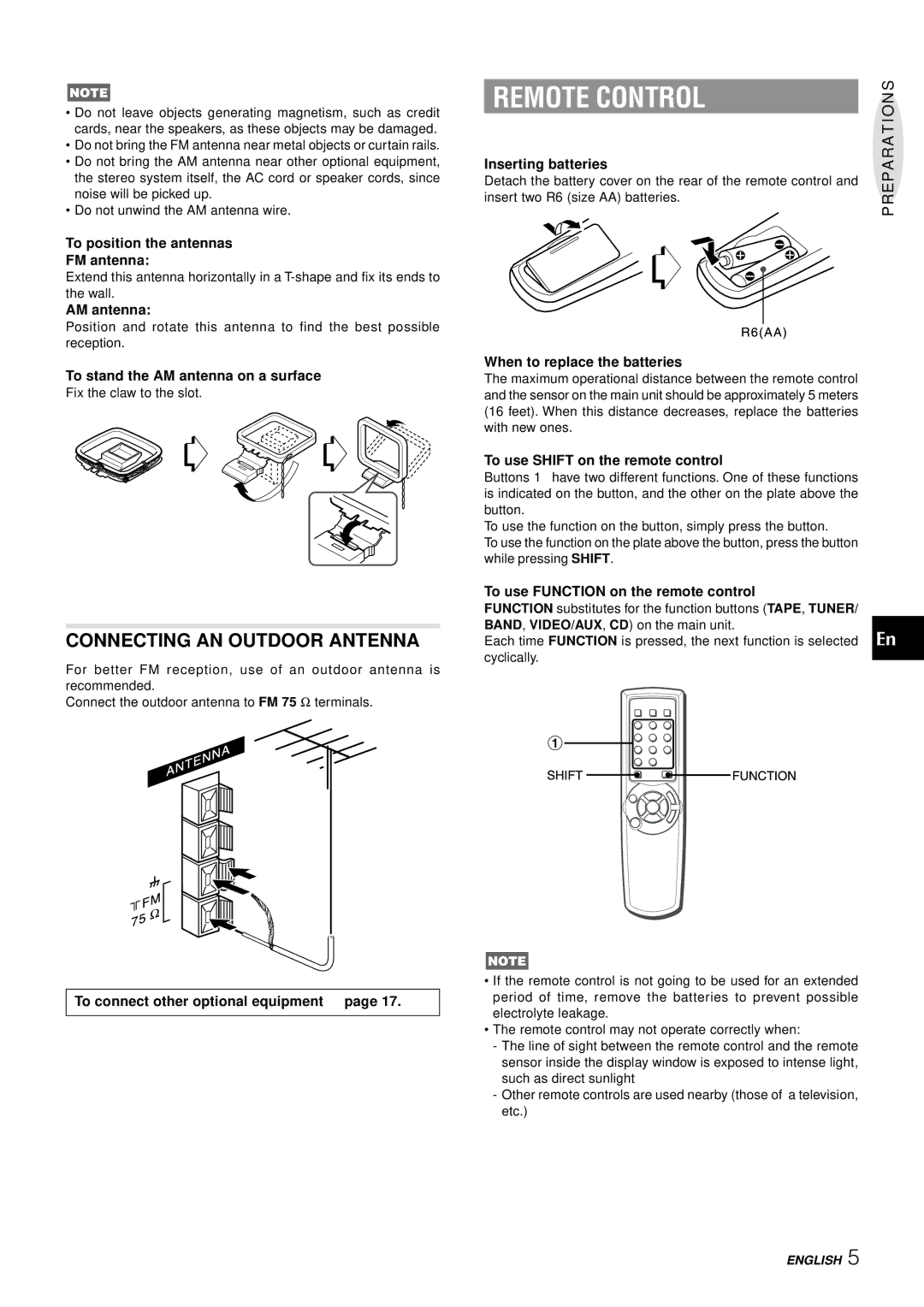 Aiwa NSX-AJ14 operating instructions Remote Control, Connecting AN Outdoor Antenna, Preparations 