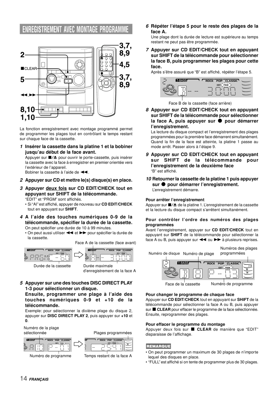 Aiwa NSX-AJ14 operating instructions Ré pé ter l’é tape 5 pour le reste des plages de la Face a, ’enregistrement 