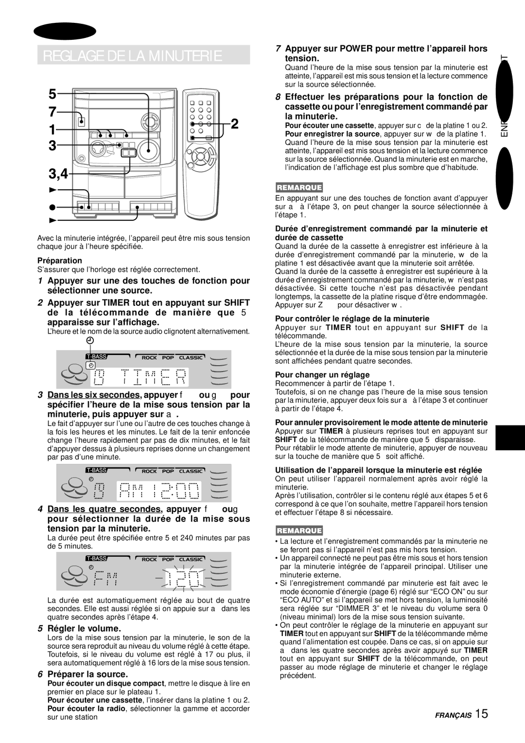 Aiwa NSX-AJ14 operating instructions Reglage DE LA Minuterie, Ré gler le volume, Pré parer la source 