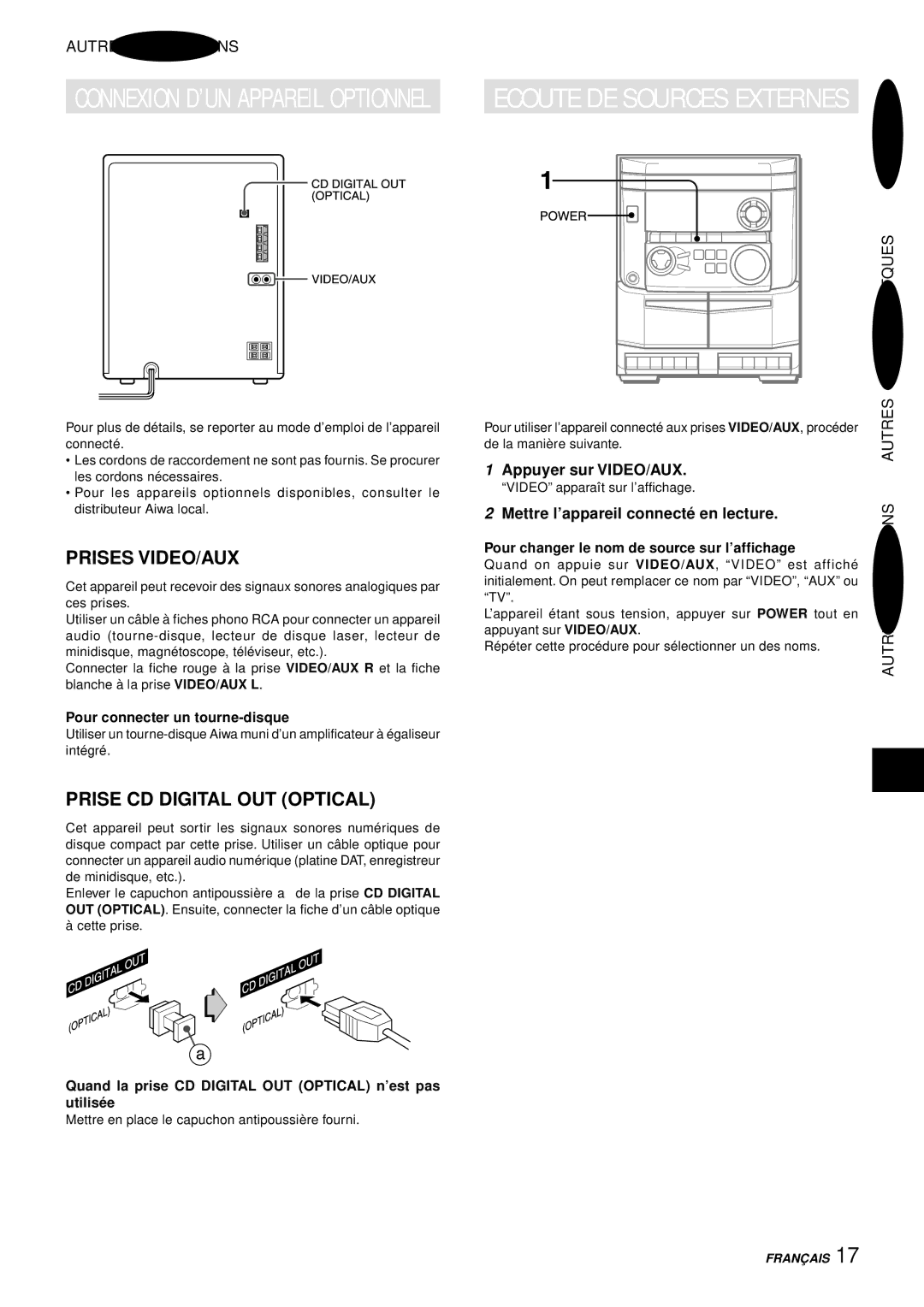 Aiwa NSX-AJ14 operating instructions Prises VIDEO/AUX, Prise CD Digital OUT Optical, Caracteristques, Appuyer sur VIDEO/AUX 