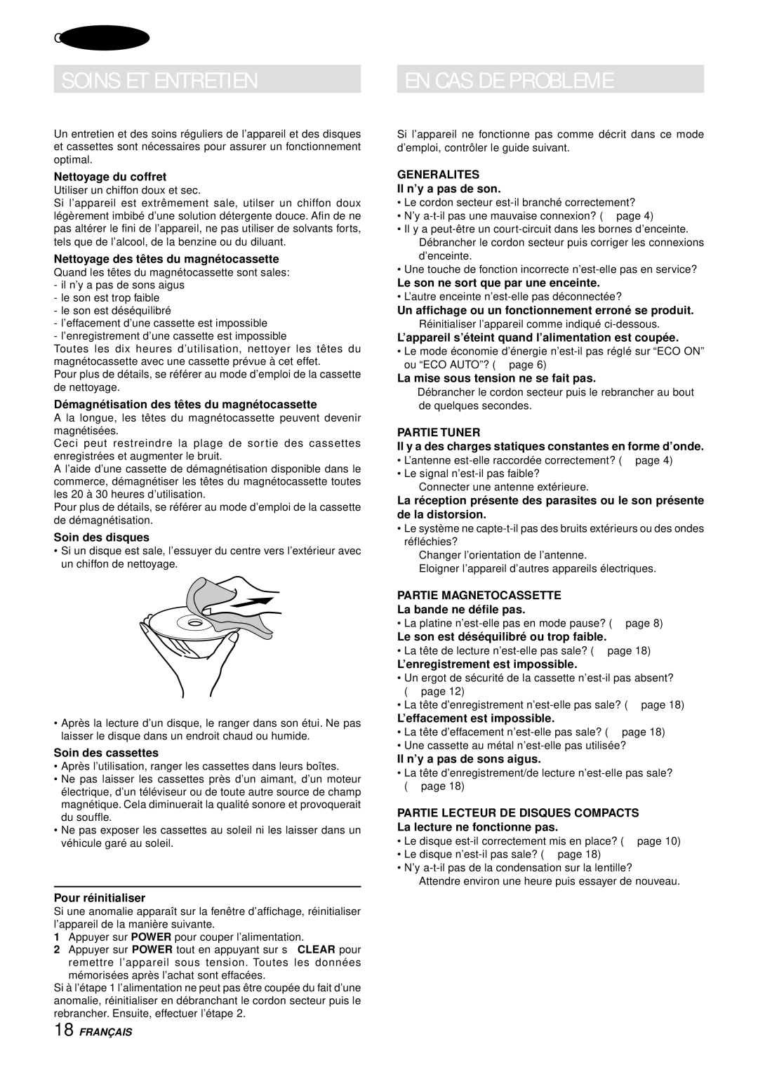 Aiwa NSX-AJ14 operating instructions Soins ET Entretien, Generalites, Partie Tuner, Partie Magnetocassette 