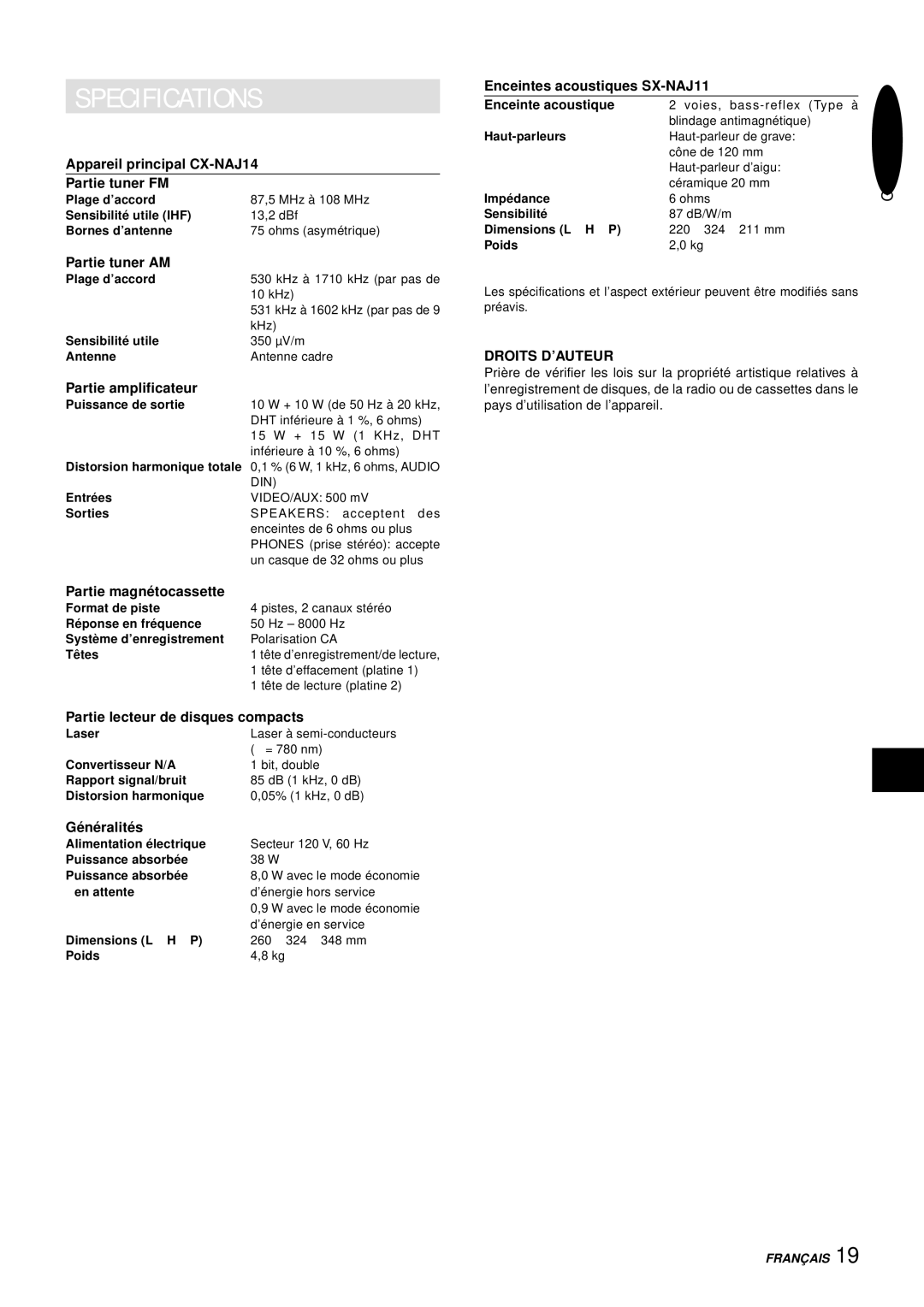 Aiwa NSX-AJ14 operating instructions Droits D’AUTEUR 