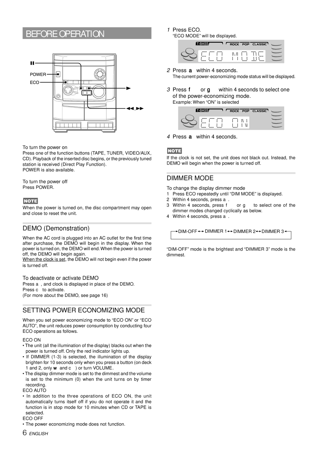 Aiwa NSX-AJ14 operating instructions Before Operation, Setting Power Economizing Mode, Dimmer Mode 