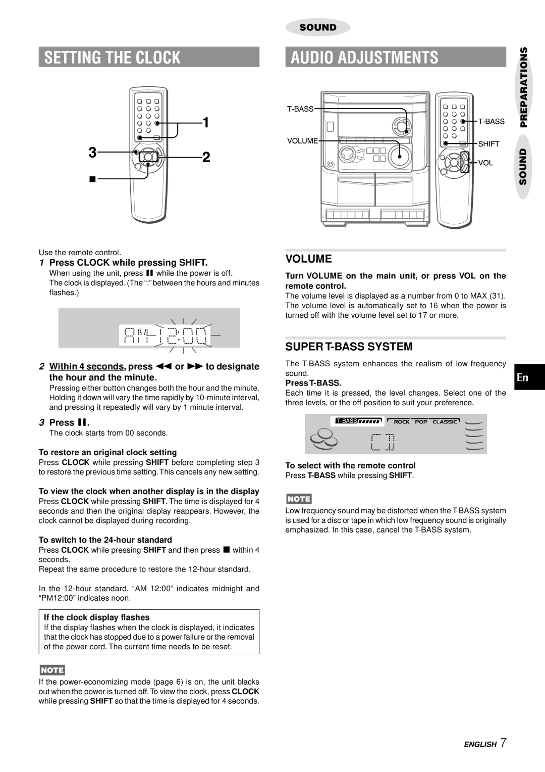 Aiwa NSX-AJ14 operating instructions Setting the Clock, Audio Adjustments, Volume, Super T-BASS System 