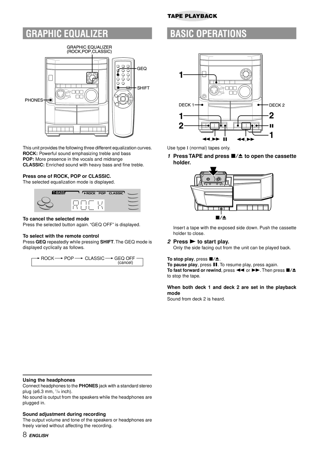 Aiwa NSX-AJ14 operating instructions Graphic Equalizer, Basic Operations, Press Tape and press Zto open the cassette holder 