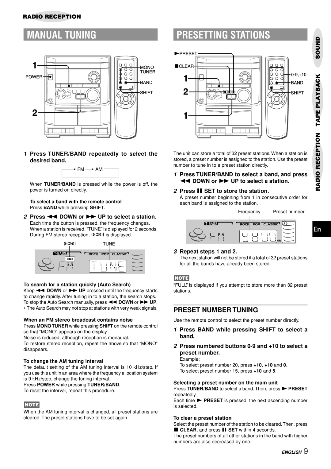 Aiwa NSX-AJ14 operating instructions Manual Tuning, Presetting Stations, Preset Number Tuning, Tapeplayback 