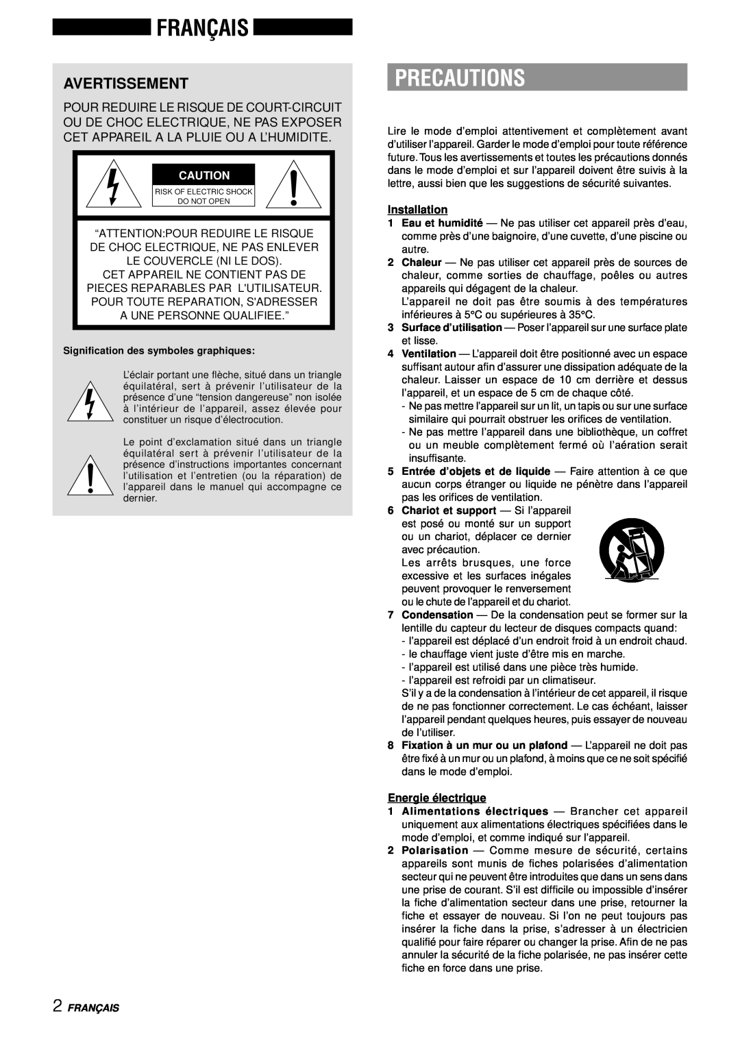 Aiwa NSX-AJ14 Français, Avertissement, Precautions, “Attention Pour Reduire Le Risque, De Choc Electrique, Ne Pas Enlever 