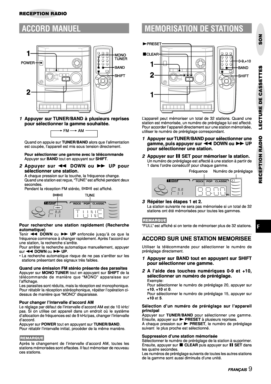 Aiwa NSX-AJ14 Accord Manuel, Memorisation De Stations, Accord Sur Une Station Memorisee, Reception Radio, Decassettes 