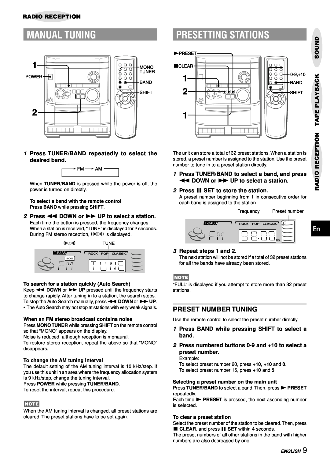 Aiwa NSX-AJ14 Manual Tuning, Presetting Stations, Preset Number Tuning, Radio Reception, Sound, Tapeplayback 