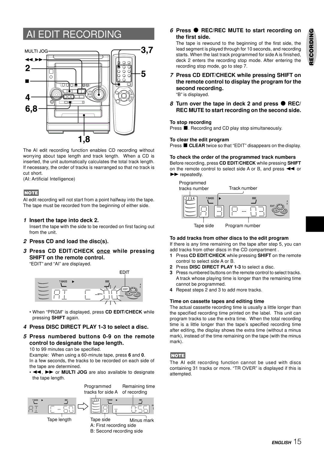 Aiwa NSX-AJ22 manual AI Edit Recording, Insert the tape into deck, Press w REC/REC Mute to start recording on, First side 