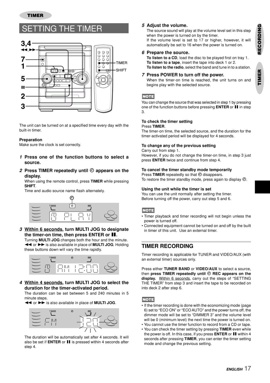 Aiwa NSX-AJ22 Setting the Timer, Timer Recording, Adjust the volume, Prepare the source, Press Power to turn off the power 