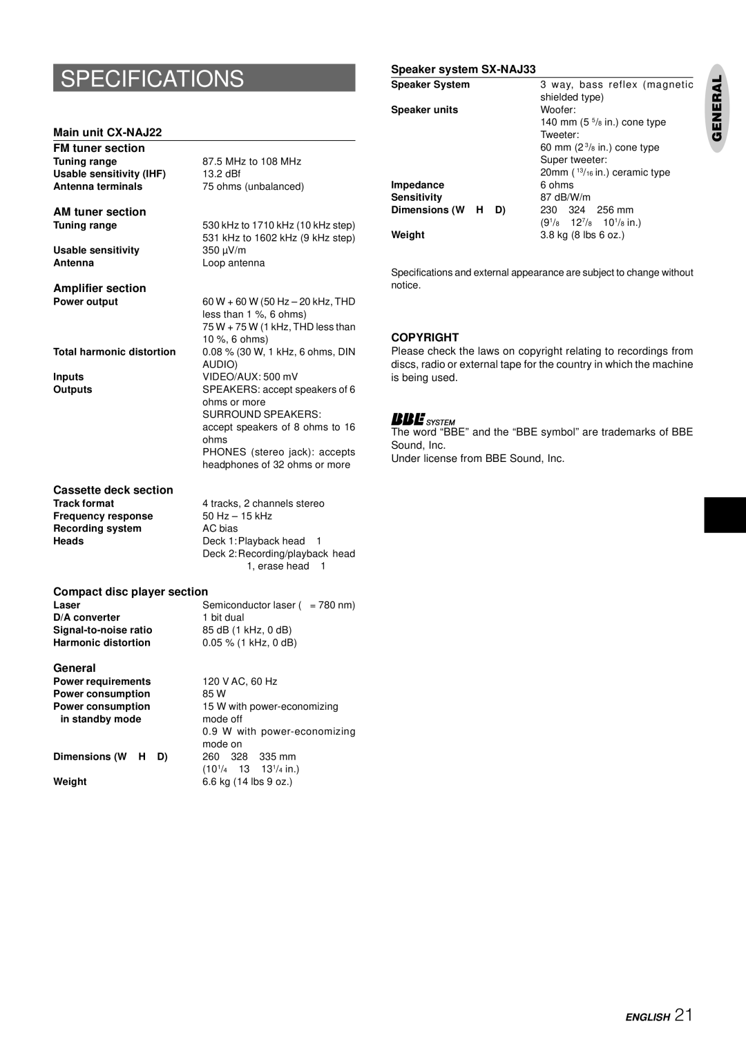 Aiwa NSX-AJ22 manual Specifications, Copyright 