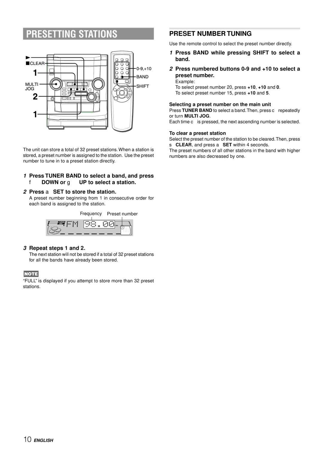 Aiwa NSX-AJ50 Presetting Stations, Preset Number Tuning, Repeat steps 1, Selecting a preset number on the main unit 