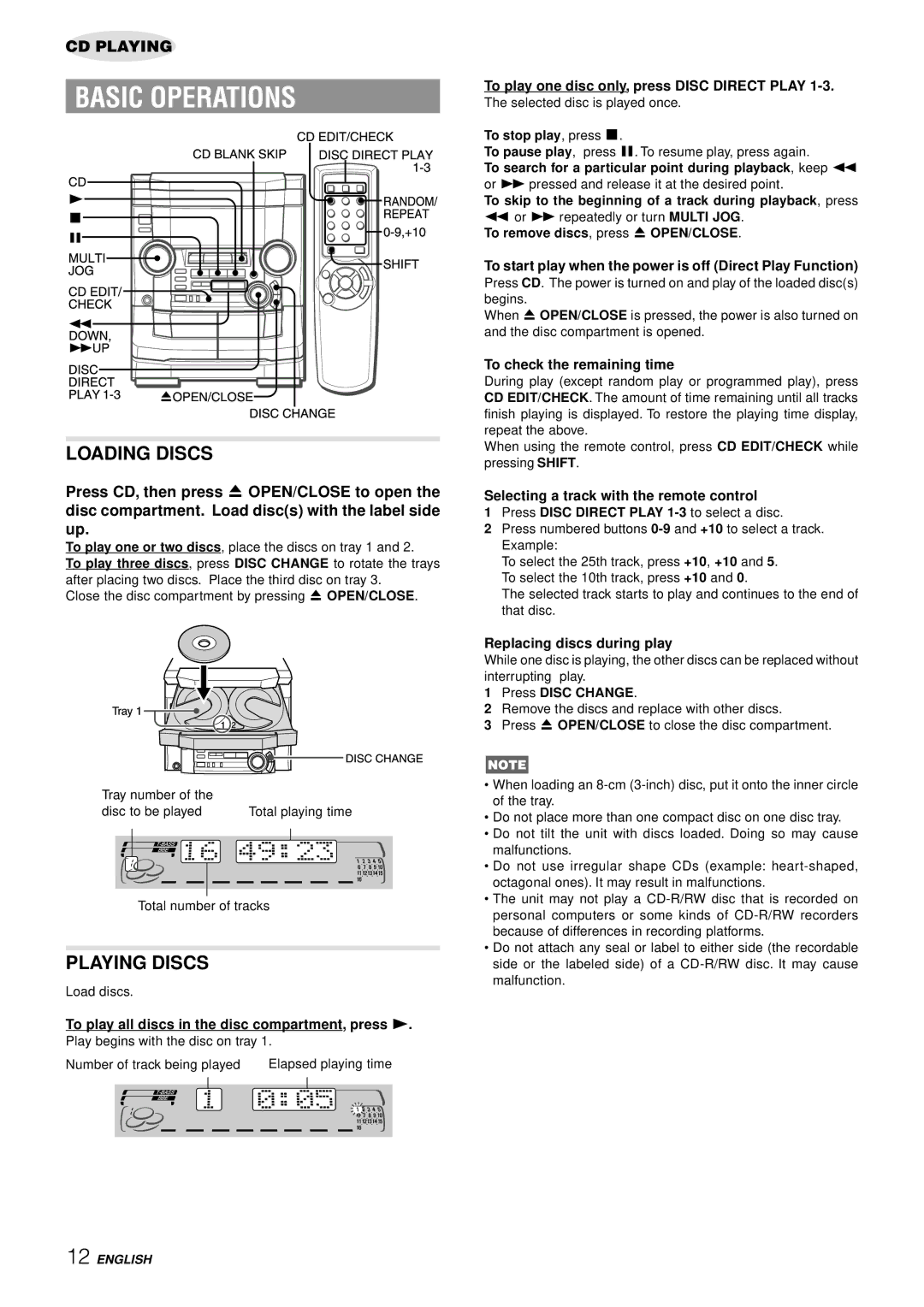 Aiwa NSX-AJ50 operating instructions Loading Discs, Playing Discs 